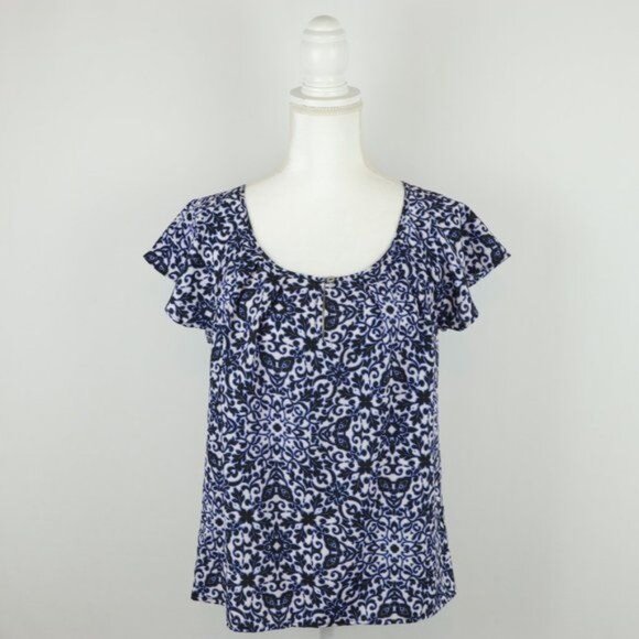 Forever 21 Women's Small Blue White Floral Scoop Neck Flutter Sleeve Blouse - Picture 1 of 7